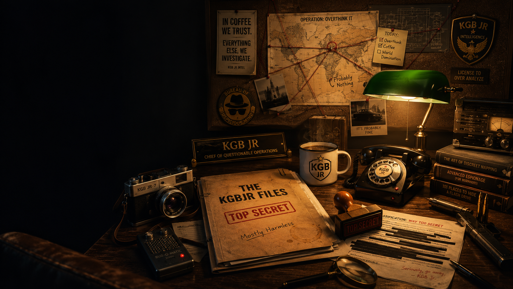 Retro spy desk with files, lamp, phone, camera, and investigation board